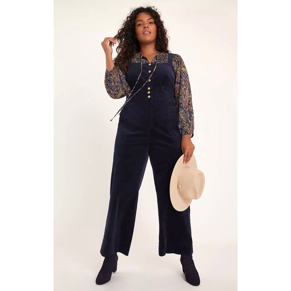 Anthropologie Joanie Corduroy Jumpsuit Navy Blue Size 6 Fall Staple 70s Chic